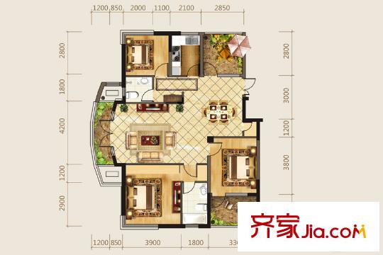 海華東盟公館平層D1戶型 3室2廳2衛(wèi)1廚