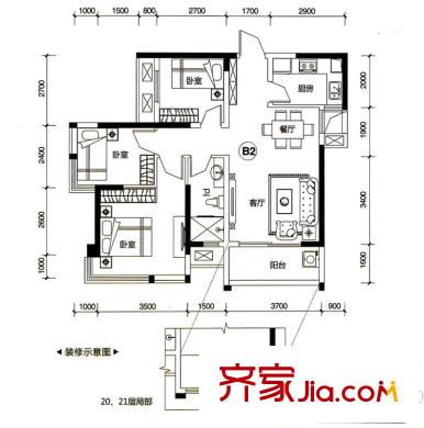 盛天新界2/3號(hào)樓2單元03號(hào)房B2戶型 3室2廳1衛(wèi)1廚