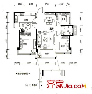 盛天新界2/3號(hào)樓2單元02號(hào)房B3戶型 3室2廳2衛(wèi)1廚