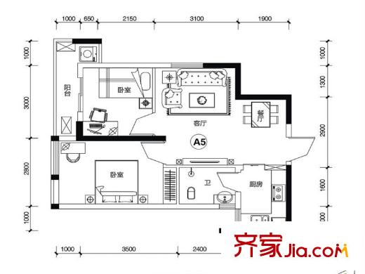 盛天新界2/3號(hào)樓1單元A5戶型 1室1廳1衛(wèi)1廚
