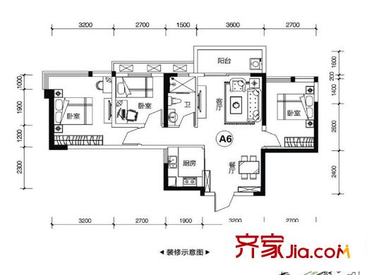 盛天新界2/3號(hào)樓1單元A6戶型 2室1廳1衛(wèi)1廚