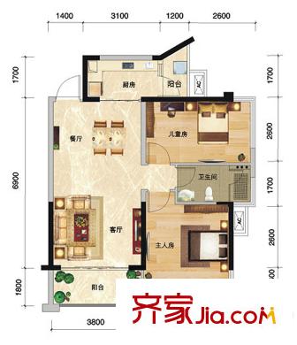 瀚林山水源3#樓03戶型 2室2廳1衛(wèi)1廚
