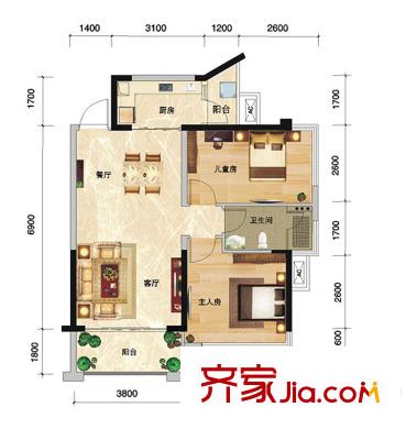 瀚林山水源2#樓03戶型 2室2廳1衛(wèi)1廚