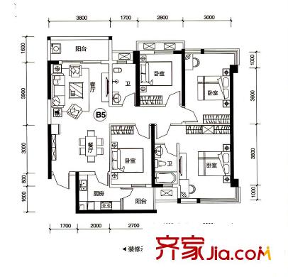 盛天新界2/3號(hào)樓2單元01號(hào)房B5戶型 4室2廳2衛(wèi)1廚