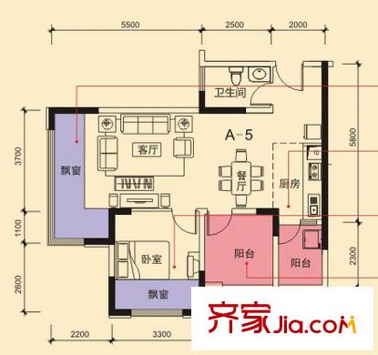 榮和山水綠城A-5戶型 1室2廳1衛(wèi)1廚