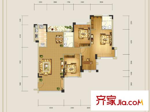 山漸青洋房E-02戶型圖 3室2廳2衛(wèi)1廚