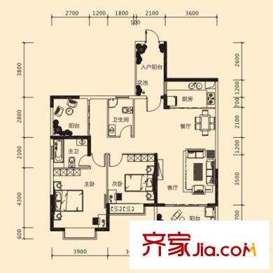 廣源國際社區(qū)12#05戶型、13#03戶型 2房2廳3陽臺 120平方米 2室2廳1衛(wèi)1廚