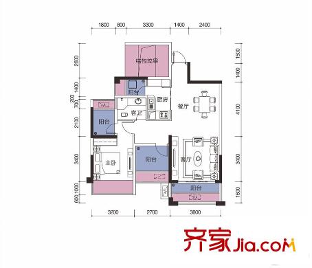 人和萊茵鷺湖9#一單元05戶型 1室2廳1衛(wèi)1廚