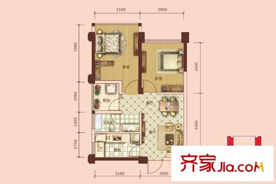 永恒朗晴1#樓B戶型 1室2廳1衛(wèi)1廚