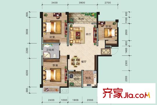 江川悅城1#樓一單元03戶型 3室2廳1衛(wèi)1廚