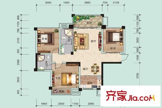 江川悅城8#、9#樓03戶型 3室2廳2衛(wèi)1廚