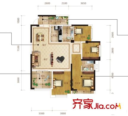 中旭天悅5#01戶型 3室2廳2衛(wèi)1廚