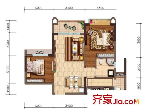 合景天匯廣場(chǎng)21#標(biāo)準(zhǔn)層1-02/2-02戶型 2室2廳1衛(wèi)1廚
