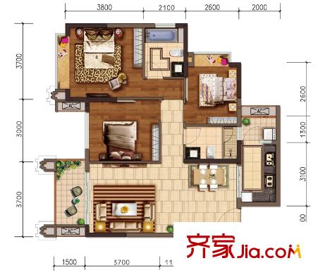 合景天匯廣場(chǎng)16#標(biāo)準(zhǔn)層01戶型 3室2廳2衛(wèi)1廚