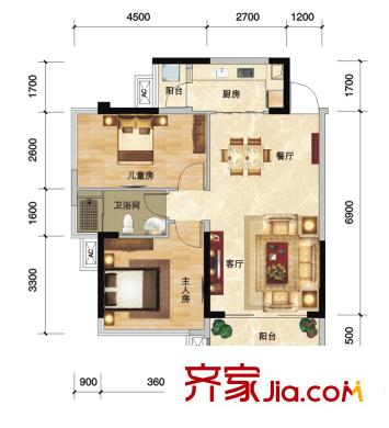 瀚林山水源1#樓2單元02戶型 2室2廳1衛(wèi)1廚