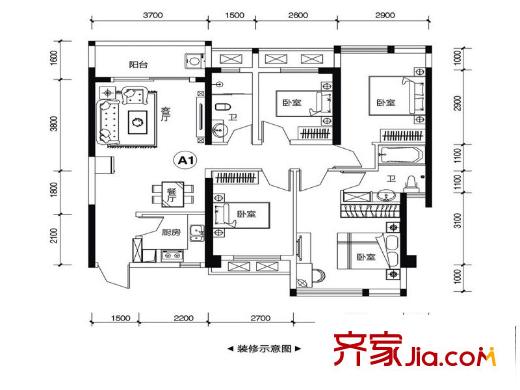 盛天新界2/3號(hào)樓1單元A1戶型 4室2廳2衛(wèi)1廚