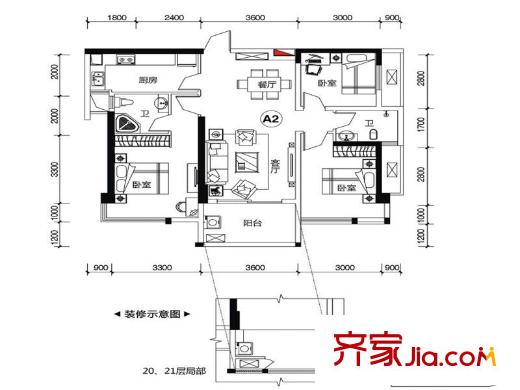 盛天新界2/3號(hào)樓1單元A2戶型 2室2廳2衛(wèi)1廚