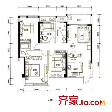 盛天新界2/3號(hào)樓2單元05號(hào)房B1戶型 4室2廳2衛(wèi)1廚