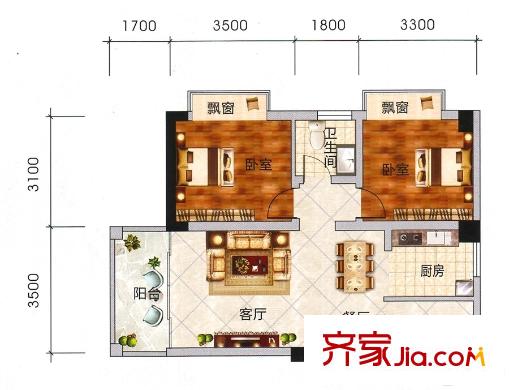 春江花月3#A戶型 2室2廳1衛(wèi)1廚
