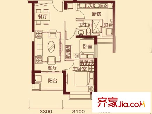 防城港恒大御景灣7-1號樓A/B戶型 2室2廳1衛(wèi)1廚