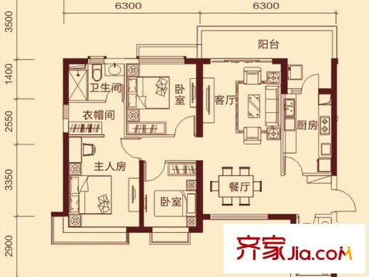 防城港恒大御景灣7-2號樓C/D戶型 3室2廳2衛(wèi)1廚