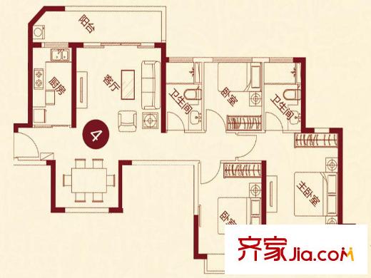 恒大雅苑12号楼3号,4号户型 3室2厅2卫1厨