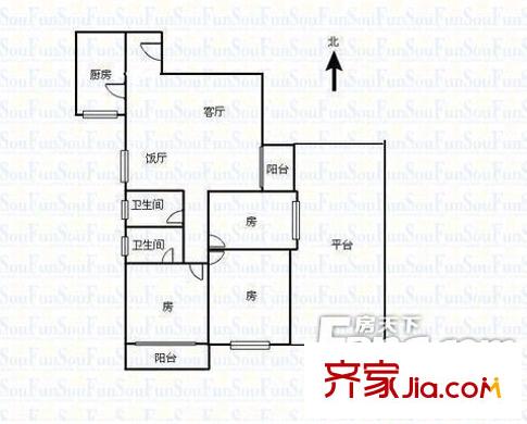 乌当区金桂园户型图006 3室2厅2卫1厨