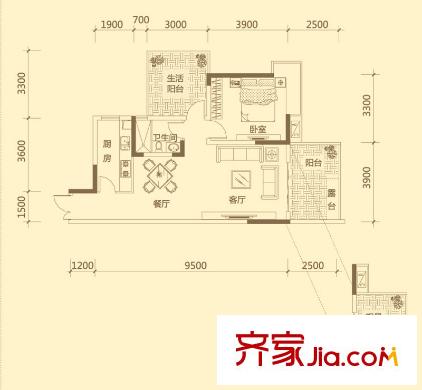 興隆譽(yù)峰戶型圖三組團(tuán)雅境園7號(hào)樓C5戶型 1室2廳1衛(wèi)1廚