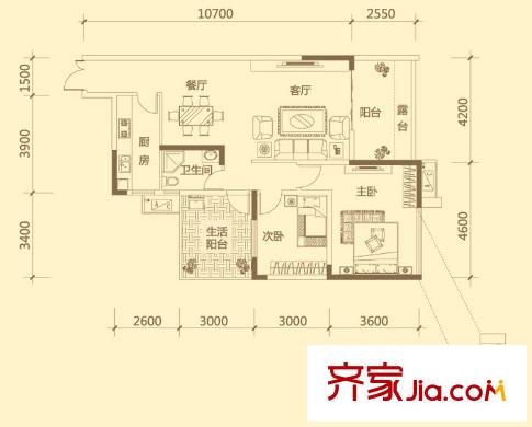 興隆譽(yù)峰戶型圖三組團(tuán)雅境園7號(hào)樓C6戶型 2室2廳1衛(wèi)1廚