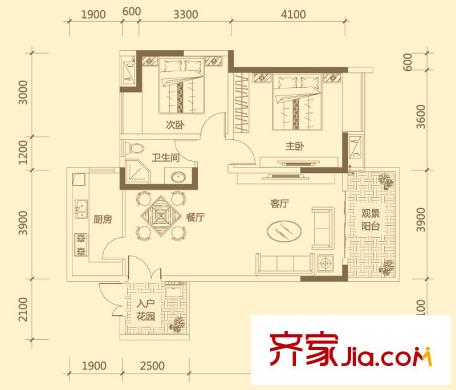 興隆譽(yù)峰戶型圖三組團(tuán)雅境園7號(hào)樓C4戶型 2室2廳1衛(wèi)1廚