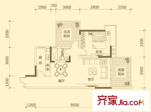 興隆譽(yù)峰戶型圖三組團(tuán)雅境園7號(hào)樓C5戶型 1室2廳1衛(wèi)1廚