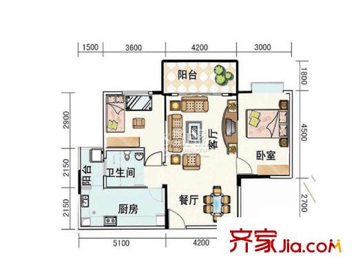 智慧龍城三期戶型圖B戶型 2室2廳1衛(wèi)1廚