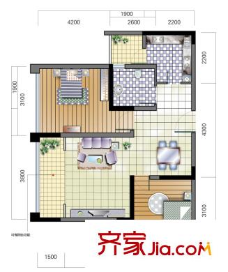 圣泉流云二期戶型圖1號(hào)樓B戶型 2室2廳1衛(wèi)1廚