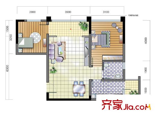 圣泉流云二期戶型圖1號(hào)樓C戶型 2室2廳1衛(wèi)1廚