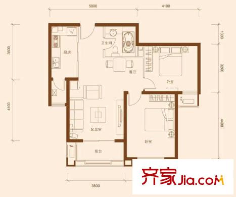 圣泉流云二期戶型圖2 2室1廳1衛(wèi)1廚