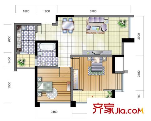 圣泉流云二期戶型圖1號(hào)樓A戶型 2室2廳1衛(wèi)1廚