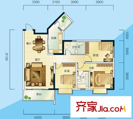 睿力上城戶型圖A3/B1號樓B戶型 3室2廳2衛(wèi)1廚