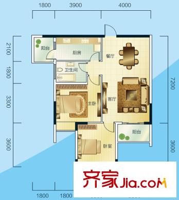 睿力上城戶型圖B2/B3號樓A戶型 2室2廳1衛(wèi)1廚