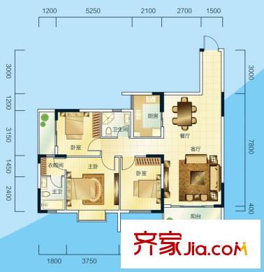 睿力上城戶型圖A1號(hào)房D戶型 3室2廳2衛(wèi)1廚