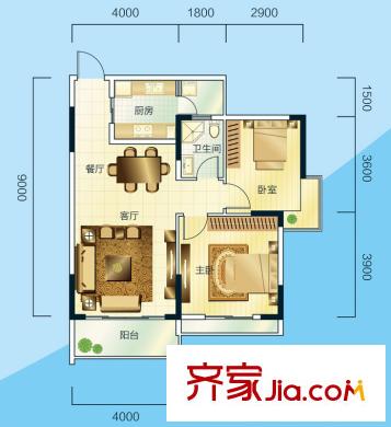 睿力上城戶型圖A1/A2號樓E戶型 2室2廳1衛(wèi)1廚