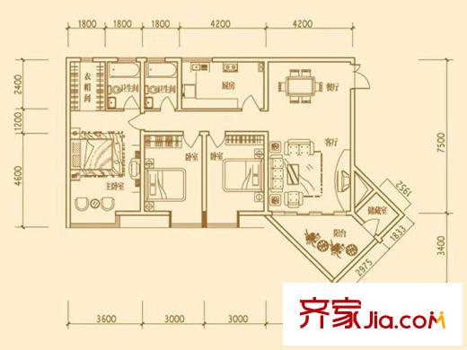 蘭溪谷戶型圖C戶型圖 3室2廳2衛(wèi)1廚