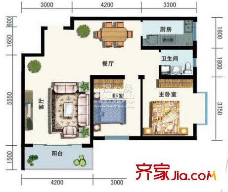 智慧龍城二期戶型圖玲瓏水榭G戶型 2室2廳1衛(wèi)1廚