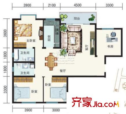 智慧龍城二期戶型圖玲瓏水榭A戶型 4室2廳2衛(wèi)1廚