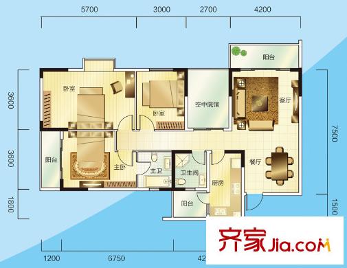 睿力上城戶型圖A1號樓A戶型 3室2廳2衛(wèi)1廚