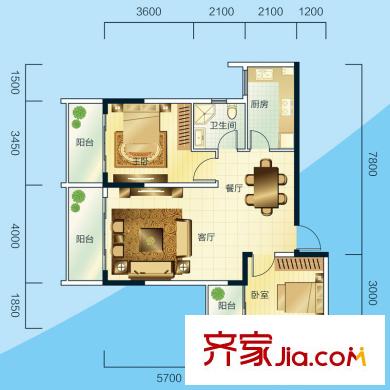 睿力上城戶型圖A1號樓C戶型 2室2廳1衛(wèi)1廚