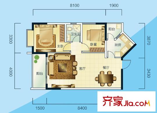睿力上城戶型圖A3/B1號樓C戶型 2室2廳1衛(wèi)1廚