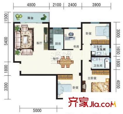 智慧龍城二期戶型圖玲瓏水榭C戶型 4室2廳2衛(wèi)1廚