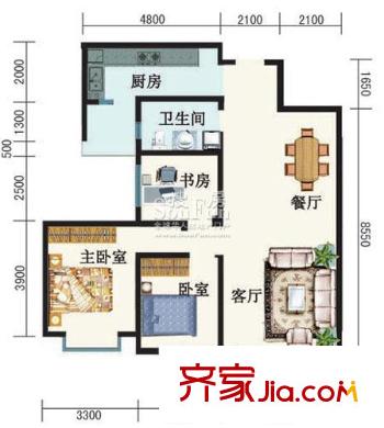 智慧龍城二期戶型圖玲瓏水榭B戶型 3室2廳1衛(wèi)1廚