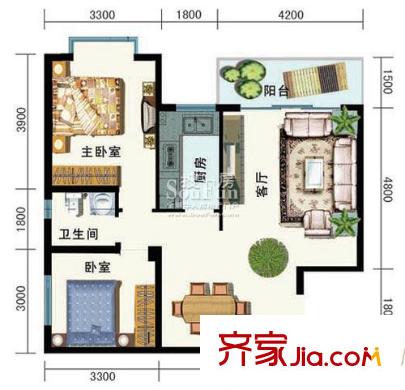 智慧龍城二期戶型圖玲瓏水榭K戶型 2室2廳1衛(wèi)1廚