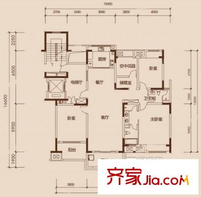 中大國際廣場戶型圖西戶4 3室2廳2衛(wèi)1廚